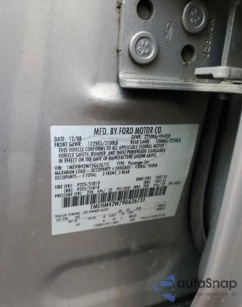 2009 Mercury Sable Premier from USA, damaged, VIN 1MEHM42W79G626731